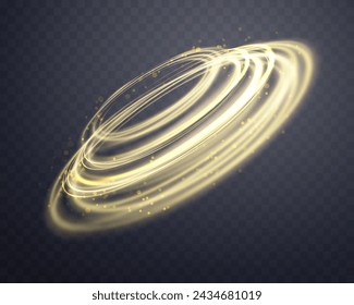 Gold magic glowing rings. Neon realistic energy flare halo circle. Abstract light effect on a dark transparent background. Vector illustration.