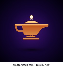 Gold Magic lamp icon isolated on black background. Spiritual lamp for wish.  Vector Illustration