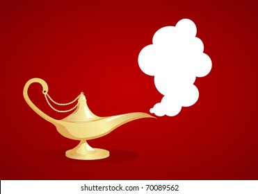 Lámpara mágica dorada sobre fondo rojo. Ilustración vectorial.