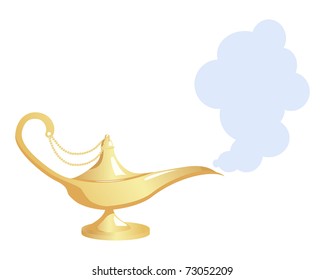 Gold magic lamp on white background. Vector illustration.