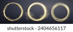 Gold magic ring with glowing. Neon realistic energy flare halo ring. Abstract light effect on a dark transparent background. Vector illustration.