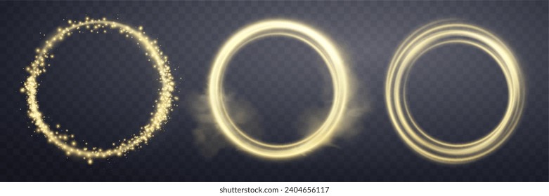 Anillo mágico de oro con brillo. Sonido de halo de la bengala de energía realistas. Efecto abstracto de la luz sobre un fondo transparente oscuro. Ilustración vectorial.