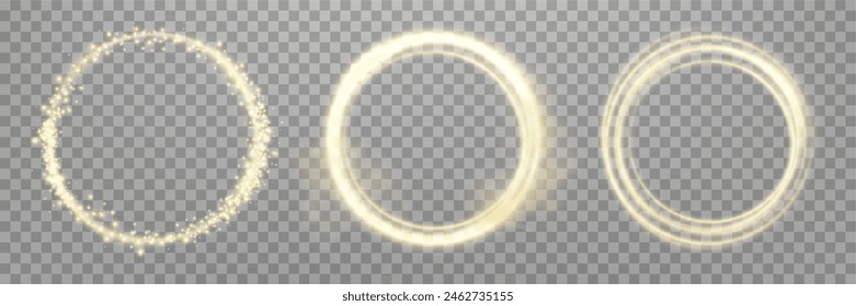 Gold magic ring with glowing. Neon realistic energy flare halo ring. Abstract light effect on a transparent background. Vector illustration.