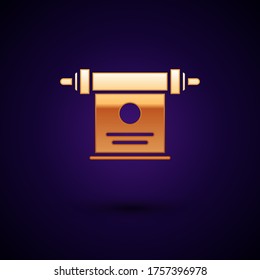 Gold Magic scroll icon isolated on black background. Decree, paper, parchment, scroll icon.  Vector Illustration