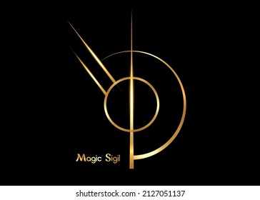Gold Magic Sigil for protection, wiccan symbolisms. A stylized image of a magical symbol. Golden luxury graphic design logo template. Vector isolated on black background 