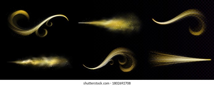 Gold magic spray, fairy glitter dust with golden particles trace. Stardust trails, glow waves with sparks and smoke. Yellow shining shimmer on black background Realistic 3d vector isolated clipart set