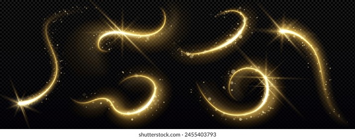 Gold magic star trail with glitter and light dust. Golden particle glow effect on black background. Abstract swirl line with shimmer and sparkle motion element. Festive Christmas confetti and stardust