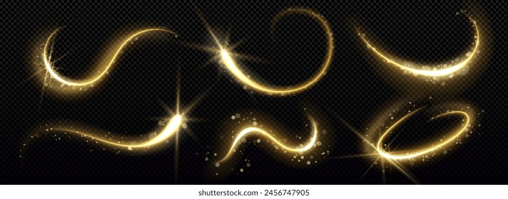 Gold magic star trail with glitter and light dust. Golden particle glow effect on black background. Abstract swirl line with shimmer and sparkle motion element. Festive Christmas confetti and stardust