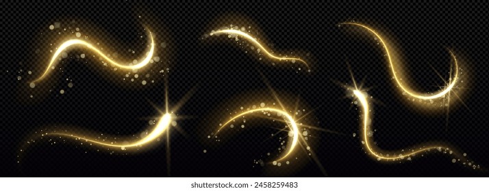 Gold magic star trail with glitter and light dust. Golden particle glow effect on black background. Abstract swirl line with shimmer and sparkle motion element. Festive Christmas confetti and stardust