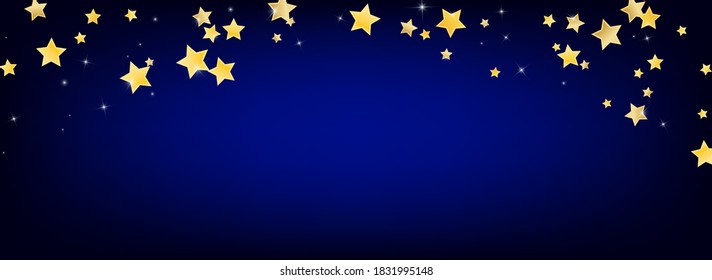 Gold Magic Stars Vector Blue Background. Christmas Shine Template. Glitter Design. Yellow Glamour Rain Background.