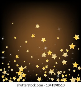 Gold Magic Stars Vector Brown Background. Xmas Confetti Wallpaper. Shine Design. Yellow Light Glow Border.
