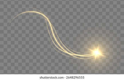 Trilha mágica dourada. Voando linha cintilante com poeira brilhante e estrela brilhante. Elemento vetorial com redemoinho, redemoinho e cintilação para ilustração do espaço de fantasia, efeito de cometa ou fundo de partículas em queda de néon.