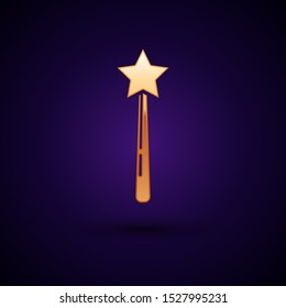 Gold Magic wand icon isolated on dark blue background. Star shape magic accessory. Magical power.  Vector Illustration