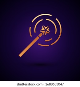 Gold Magic wand icon isolated on black background. Star shape magic accessory. Magical power.  Vector Illustration