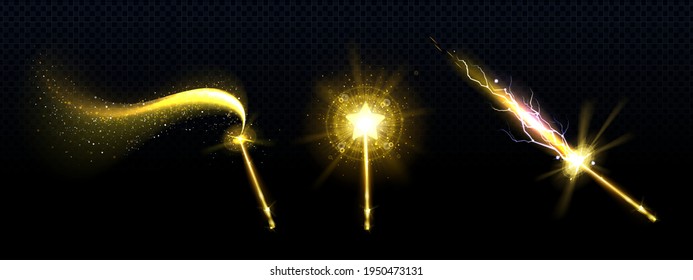 Gold magic wand with star and spell sparkles isolated on transparent background. Vector realistic set of magician rod, wizard stick with fairy golden light, shiny trace and lightnings