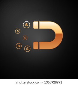 Gold Magnet with money icon isolated on black background. Concept of attracting investments, money. Big business profit attraction and success. Vector Illustration