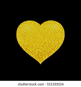 Gold magnificent heart formed by a granular dot mosaic. The shape of heart is filled with a plenty of yellow points. This sign can be used for Valentine's Day or for the Wedding.  Black background. 