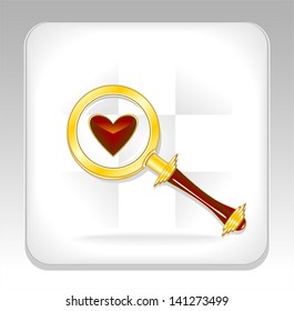 Gold magnifier icon or button with heart