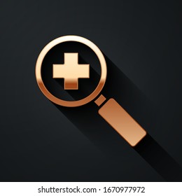 Gold Magnifying glass for search medical icon isolated on black background. Hospital search. Long shadow style. Vector Illustration