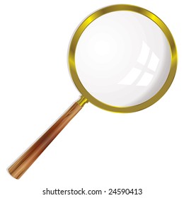 Gold magnifying glass with wooden handle and drop shadow