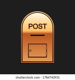 Gold Mail box icon. Post box icon isolated on black background. Long shadow style. Vector.