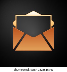 Gold Mail and e-mail icon isolated on black background. Envelope symbol e-mail. Email message sign. Vector Illustration