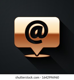 Gold Mail and e-mail on speech bubble icon isolated on black background. Envelope symbol e-mail. Email message sign. Long shadow style. Vector Illustration