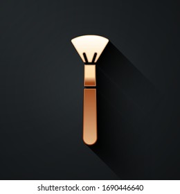 Gold Makeup brush icon isolated on black background. Long shadow style. Vector Illustration