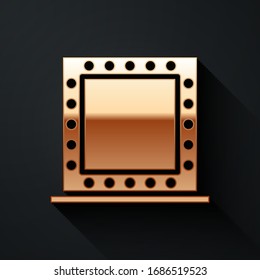 Gold Makeup mirror with lights icon isolated on black background. Long shadow style. Vector Illustration
