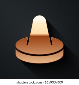 Gold Mallet and puck for playing air hockey game icon isolated on black background. Long shadow style. Vector Illustration