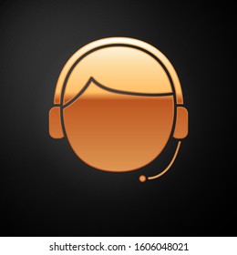 Gold Man with a headset icon isolated on black background. Support operator in touch. Concept for call center, client support service.  Vector Illustration