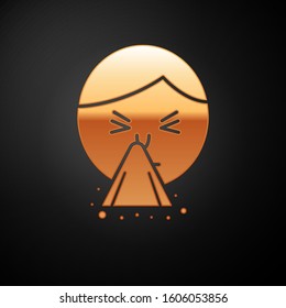 Gold Man holding handkerchief or napkin to his runny nose icon isolated on black background. Coryza desease symptoms.  Vector Illustration