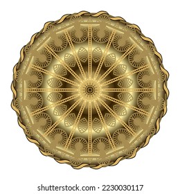 Gold mandala. 3d round lacy mandala pattern. Floral vector background. Luxury 3d lace shiny ornament. Surface golden decorative circle mandala design.  Stitching lacy ornate texture. Isolated on white