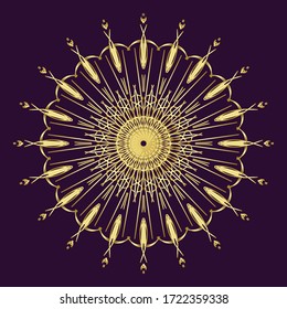 Gold Mandala, ancient Indian vedic background design, old painting texture with multiple mathematical shapes