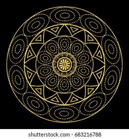 Gold mandala for coloring book. Decorative black round outline ornament. Unusual flower shape. Oriental and anti-stress therapy patterns. Vector yoga logos design element.