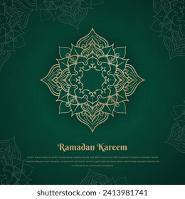 Gold mandala design with ornament in green background for ramadan kareem campaign