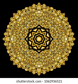 Gold Mandala Indian floral medallion pattern.Vintage decorative elements .Ethnic Mandala ornament.Vector Henna tattoo style. on isolate background for textile,greeting card, coloring book,print.