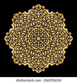 Gold Mandala Indian floral medallion pattern.Vintage decorative elements .Ethnic Mandala ornament.Vector Henna tattoo style. on isolate background for textile,greeting card, coloring book,print.