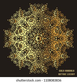 Gold Mandala Indian floral medallion pattern.Vintage decorative elements .Ethnic Mandala ornament.Vector Henna tattoo style. on isolate background for textile,greeting card, coloring book,print.