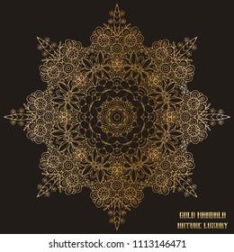 Gold Mandala Indian floral medallion pattern. Vintage decorative elements. Ethnic Mandala ornament. Vector Henna tattoo style on isolate background for textile, greeting card, coloring book, print.