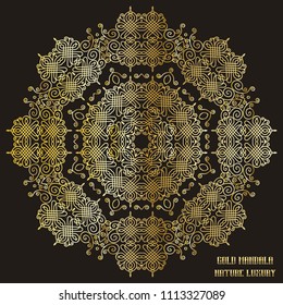 Gold Mandala Indian floral medallion pattern. Vintage decorative elements. Ethnic Mandala ornament. Vector Henna tattoo style on isolate background for textile, greeting card, coloring book, print.