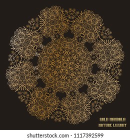 Gold Mandala Indian floral medallion pattern. Vintage decorative elements. Ethnic Mandala ornament. Vector Henna tattoo style on isolate background for textile, greeting card, coloring book, print.