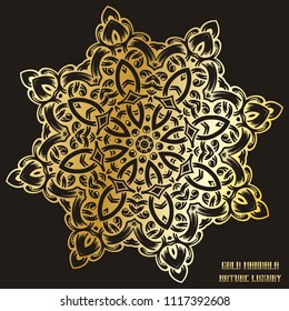Gold Mandala Indian floral medallion pattern. Vintage decorative elements. Ethnic Mandala ornament. Vector Henna tattoo style on isolate background for textile, greeting card, coloring book, print.