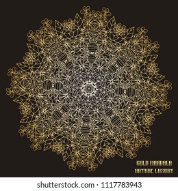 Gold Mandala Indian floral medallion pattern. Vintage decorative elements. Ethnic Mandala ornament. Vector Henna tattoo style on isolate background for textile, greeting card, coloring book, print.