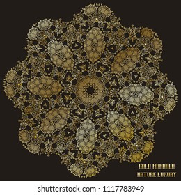 Gold Mandala Indian floral medallion pattern. Vintage decorative elements. Ethnic Mandala ornament. Vector Henna tattoo style on isolate background for textile, greeting card, coloring book, print.