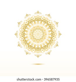 Gold mandala isolated on a white background. Geometric shape. Template for t-sirt, apparel, greeting card,banner, poster, web and magazine page background.