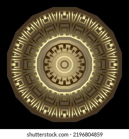 Gold mandala. Luxury round surface mandala pattern. Ornamental decorative vector background. Greek style modern beautiful ornaments. Trendy ornate design. Shiny golden 3d texture.