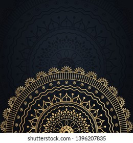 Gold mandala on black background. Banner template illustration for textile, print, fabric