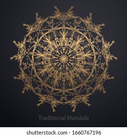 Gold mandala on black background. Ethnic pattern.