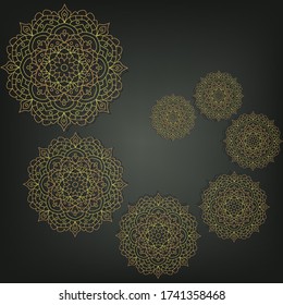 Gold mandala on black background. Ethnic vintage pattern